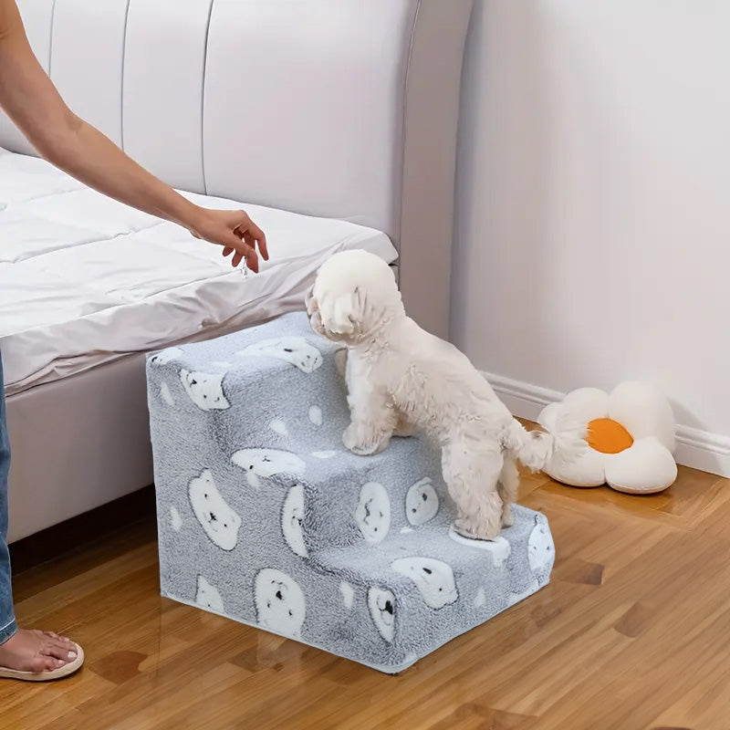 Bone-shaped pet stairs/ramp for dogs (placed beside sofa/bed) to protect joint safety, especially suitable for elderly dogs.