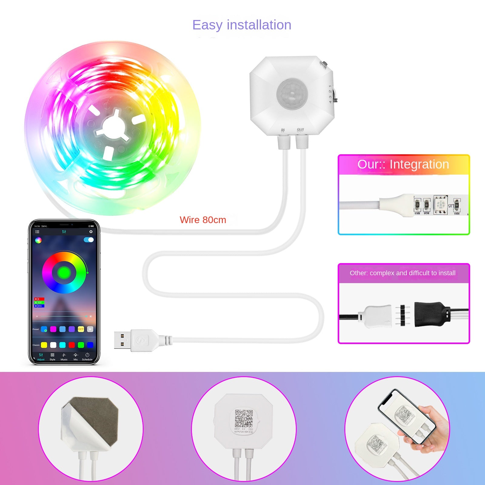 Colourful Bluetooth App Human Body Sensing Bedside Lamp with USB 5V 5050 Bedroom Induction