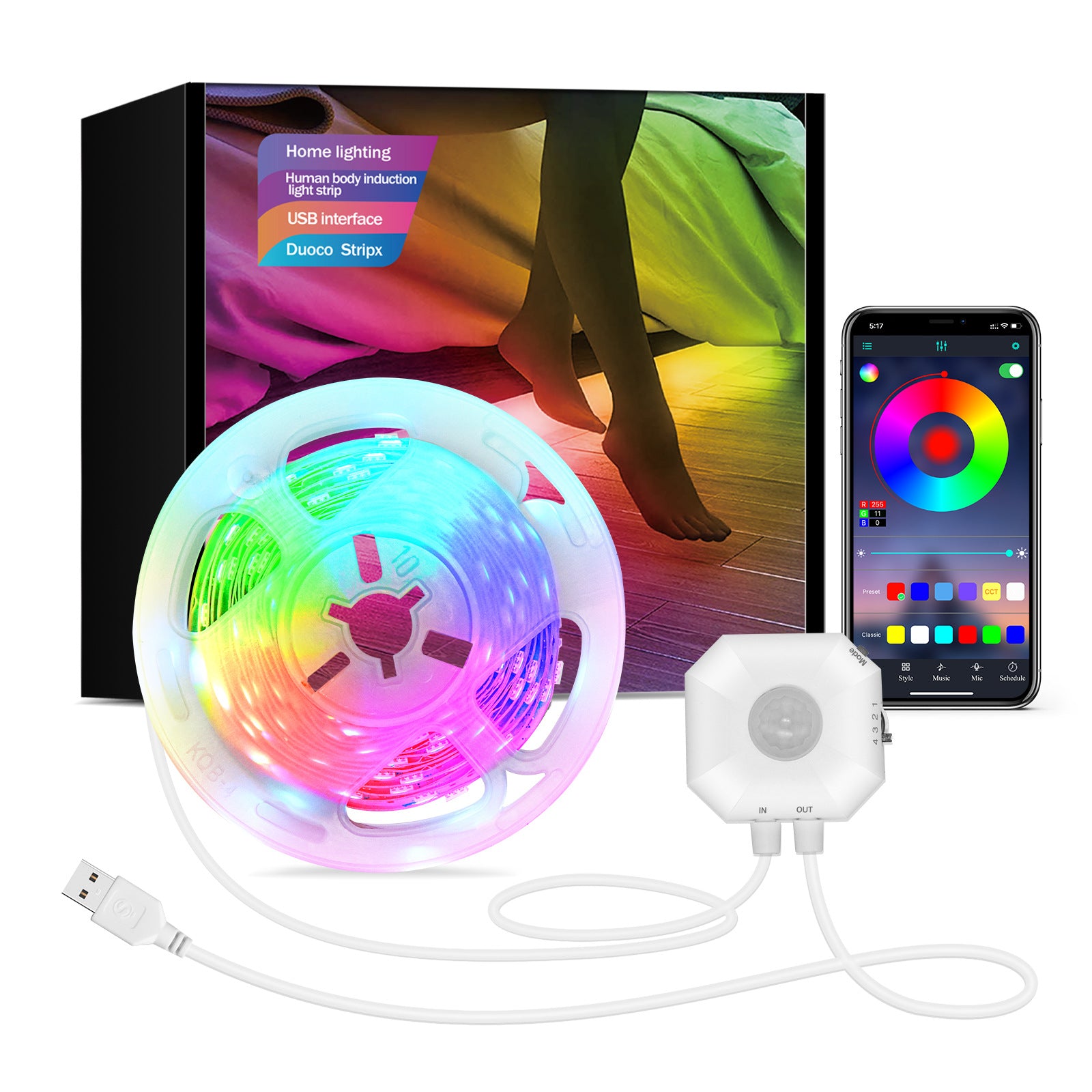 Colourful Bluetooth App Human Body Sensing Bedside Lamp with USB 5V 5050 Bedroom Induction