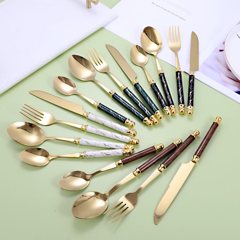 Luxury stainless steel knife, fork, spoon set, European style hotel Western tableware, golden dessert spoon set, 24 pieces