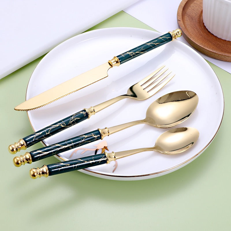 Luxury stainless steel knife, fork, spoon set, European style hotel Western tableware, golden dessert spoon set, 24 pieces