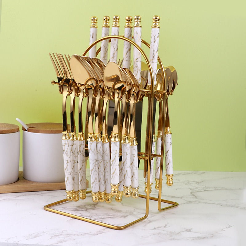 Luxury stainless steel knife, fork, spoon set, European style hotel Western tableware, golden dessert spoon set, 24 pieces