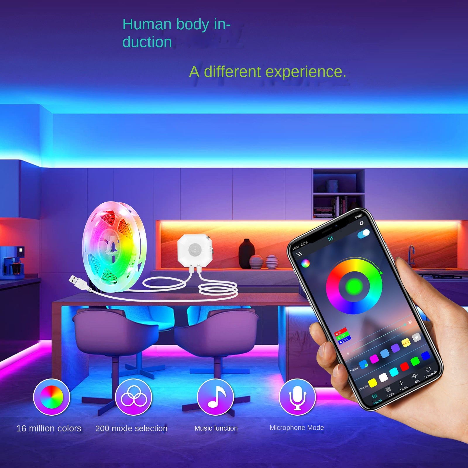 Colourful Bluetooth App Human Body Sensing Bedside Lamp with USB 5V 5050 Bedroom Induction