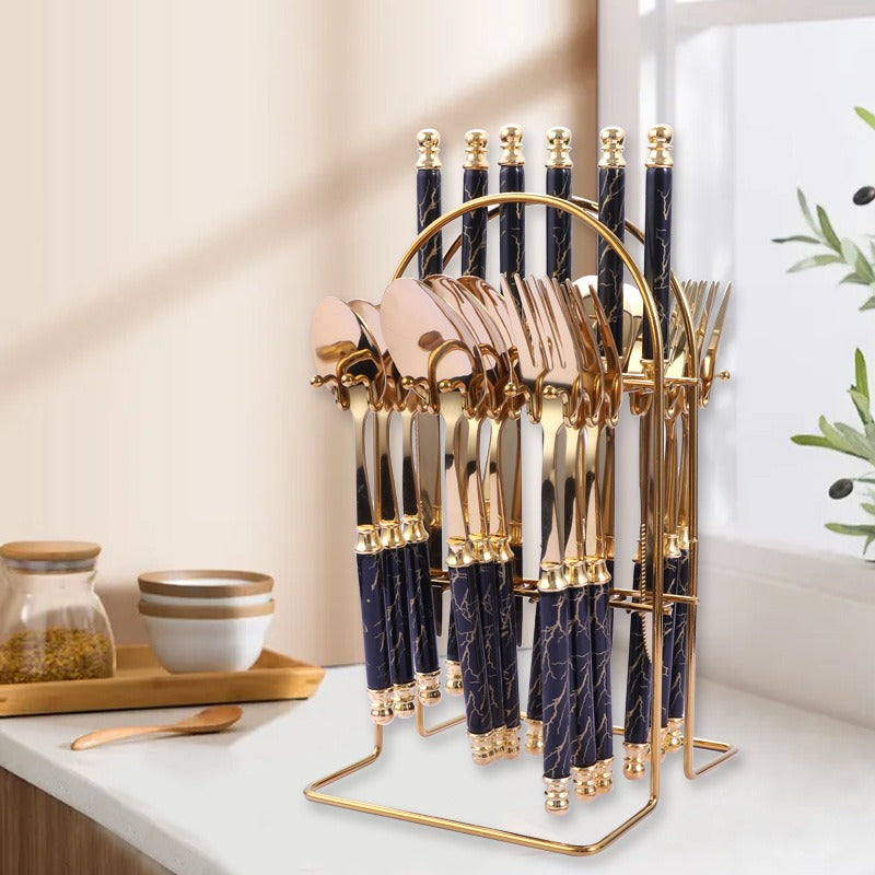 Luxury stainless steel knife, fork, spoon set, European style hotel Western tableware, golden dessert spoon set, 24 pieces