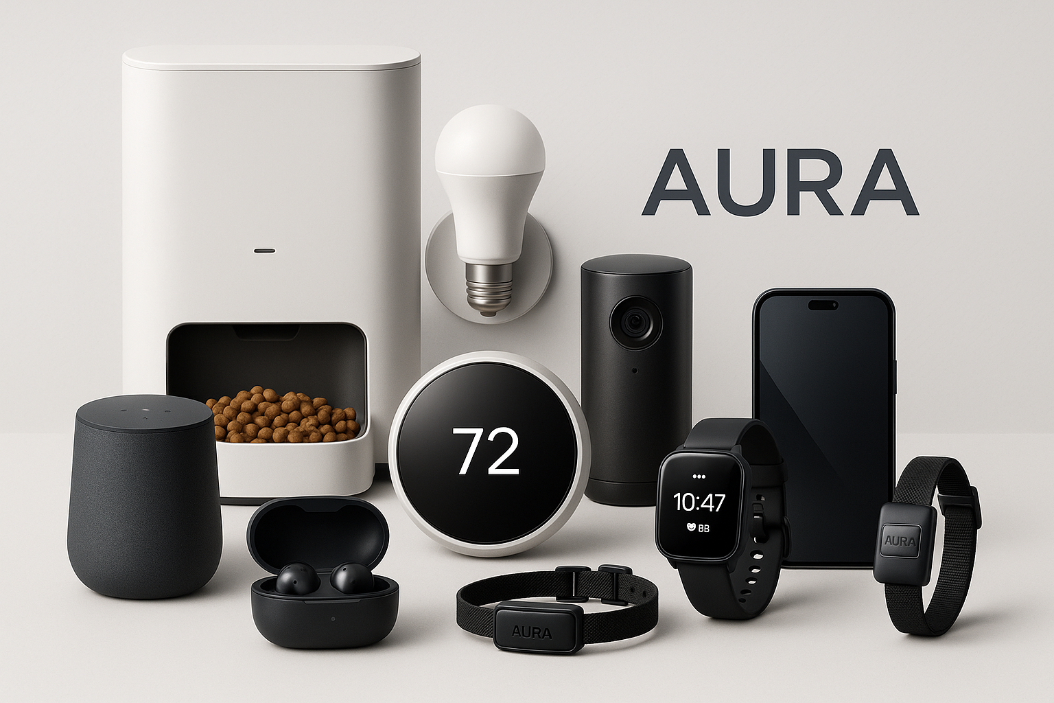 smart home, pet and human electronics with one label "AURA" in the middle